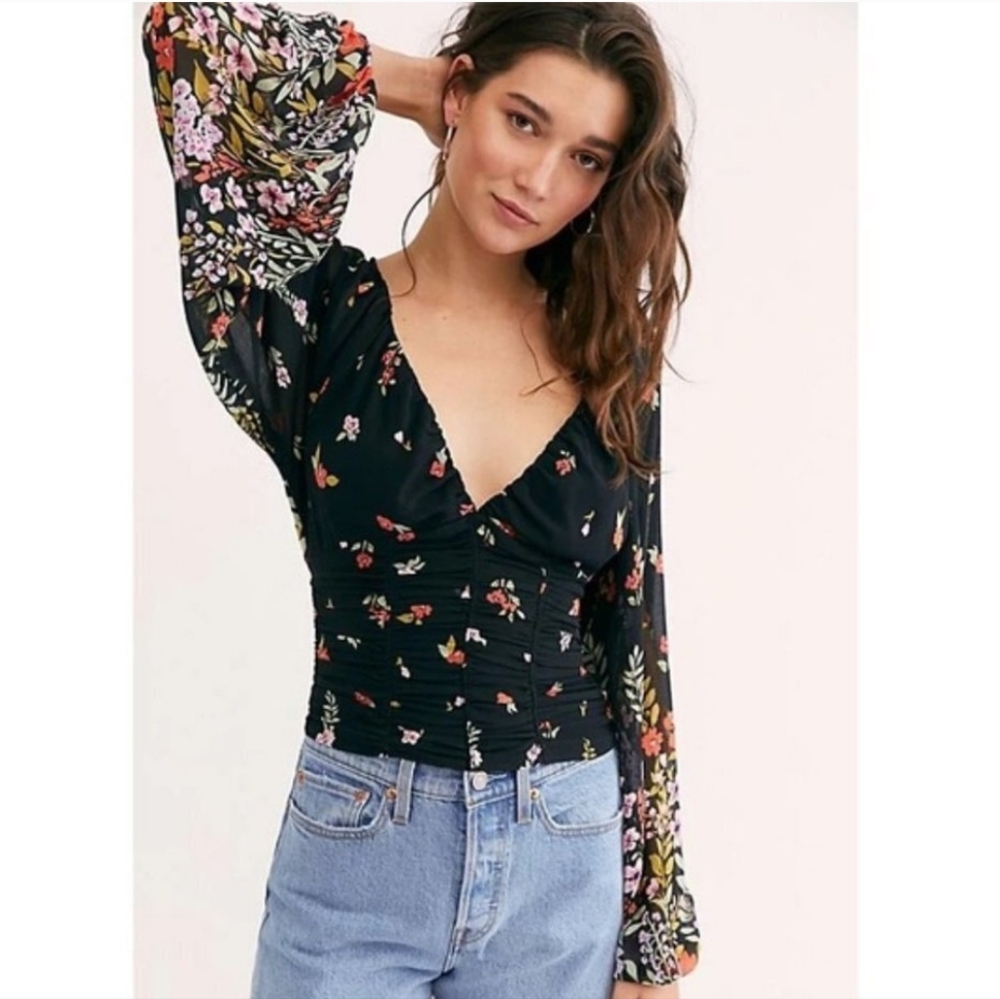 NWOT Free People Final Rose Floral Black Blouse